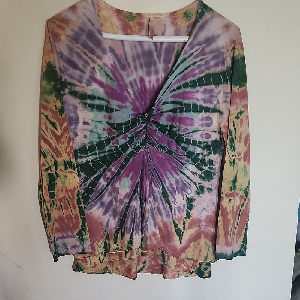Purple and Green Relaxed Tie Front Long Sleeve Blouse